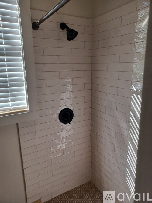 A bathroom with a shower and a window.