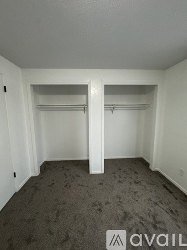 A carpeted room with a white column in the middle and two closets.
