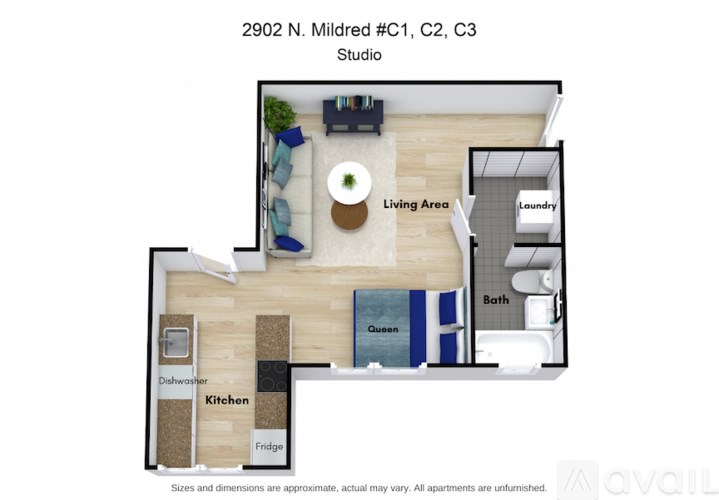 A floor plan of a studio apartment with a living area, kitchen, and bathroom.