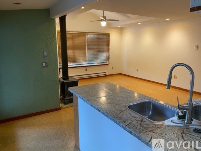 A kitchen with a sink and a window with blinds.