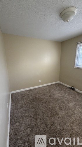 A room with a carpeted floor and a window.