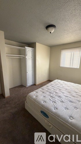 A bedroom with a bed, a window, and a closet.