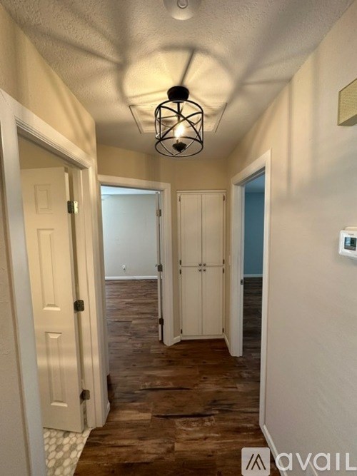A hallway with a light fixture and doors on either side.