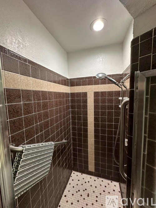 A shower area with a tile floor and walls.