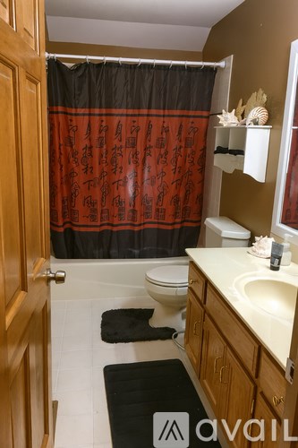 A bathroom with a toilet, sink, and shower curtain.