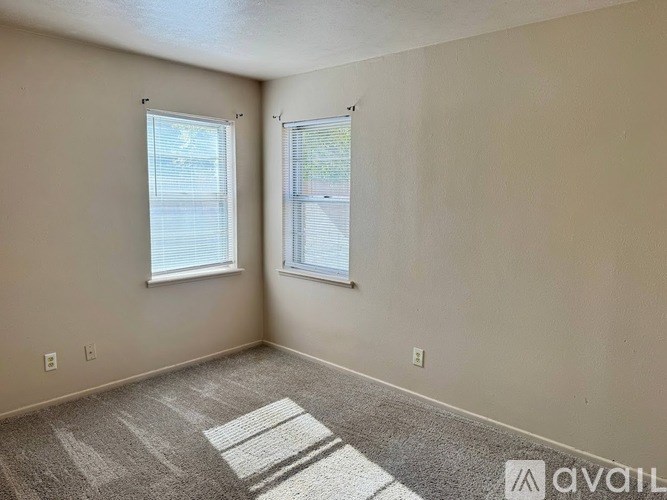 A room with two windows and a carpeted floor.