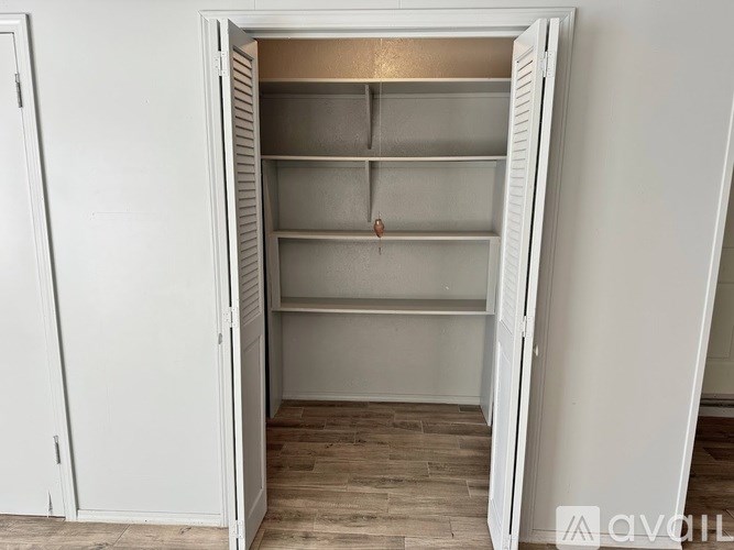A white pantry with a door open and shelves inside.