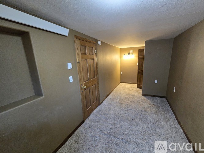 A hallway with a carpeted floor, two doors, and a light on the wall.