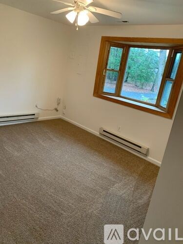 A room with a window and a carpeted floor.