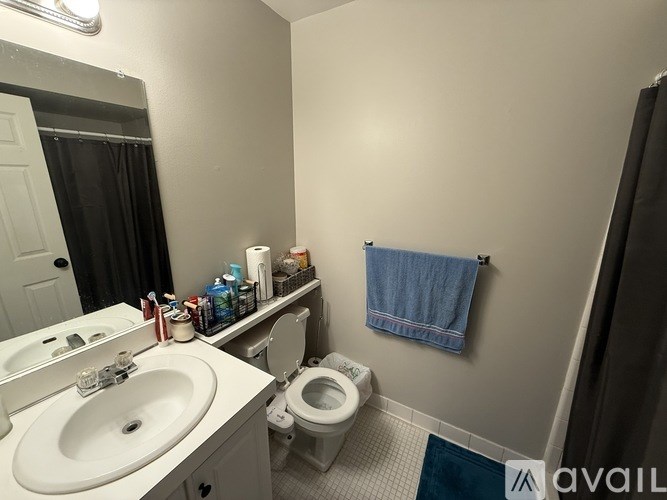 A bathroom with a toilet, sink, and mirror.