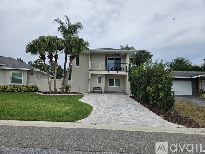 A house with a driveway and a palm tree in front.