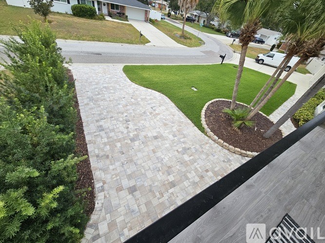 A residential street with a brick walkway and palm trees.