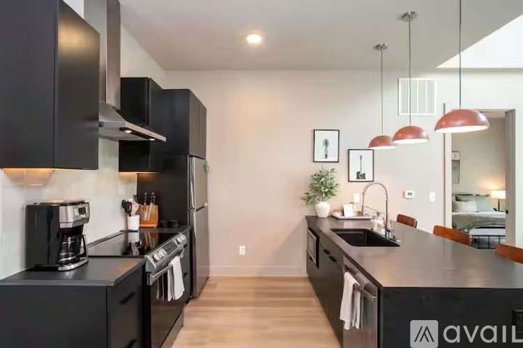 A modern kitchen with black cabinets and a black countertop.