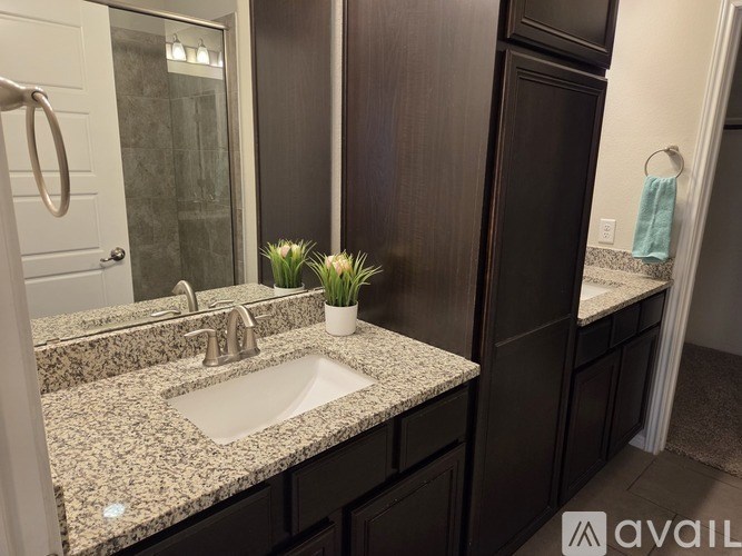 A bathroom with a granite countertop and a plant on it.