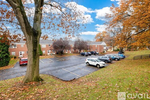 A parking lot with cars and trees with autumn leaves.