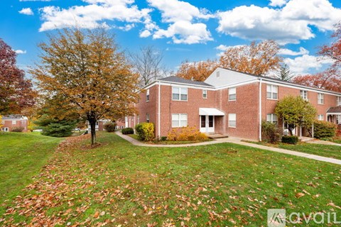 A tree with orange leaves stands in front of a brick building.