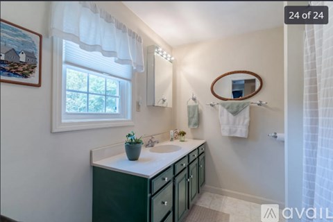 A bathroom with a green cabinet and a window.