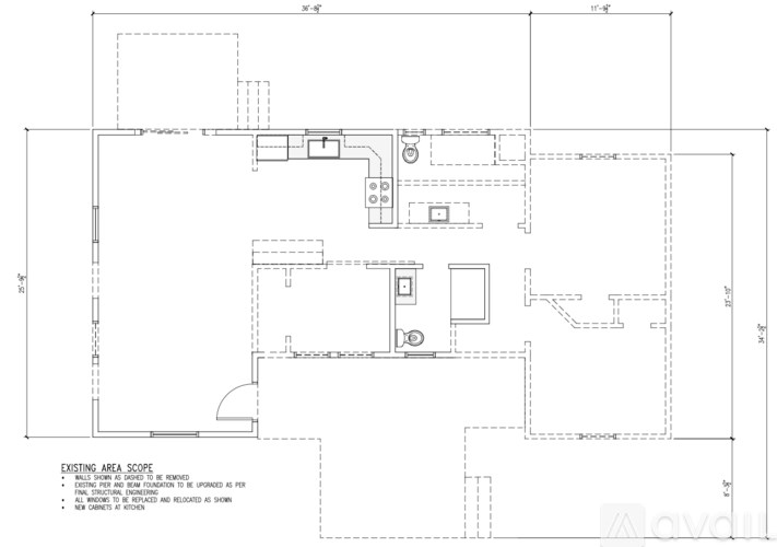 A floor plan drawing of an existing area scope with labeled dimensions.