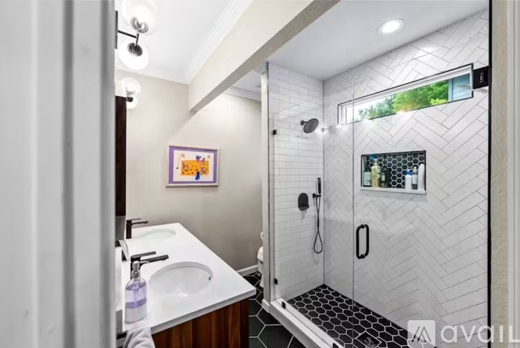 A bathroom with a white sink and a walk-in shower.