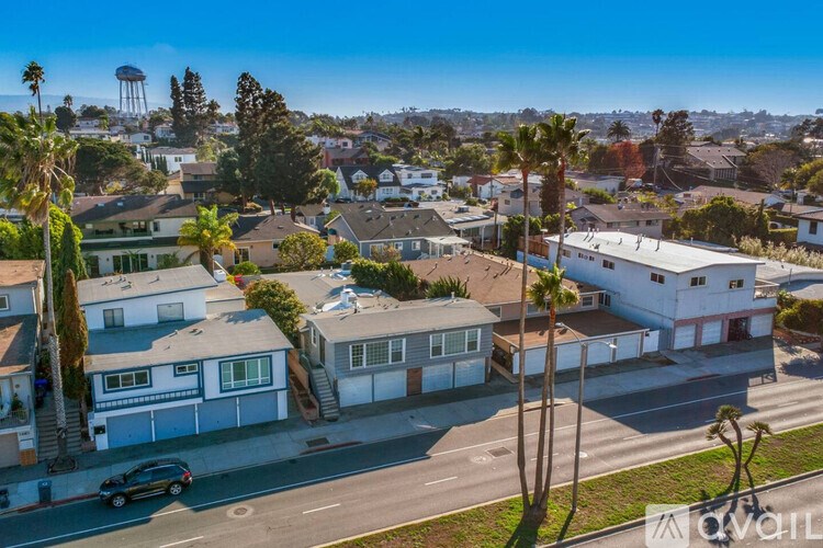 A sunny day in a residential neighborhood with houses and palm trees.