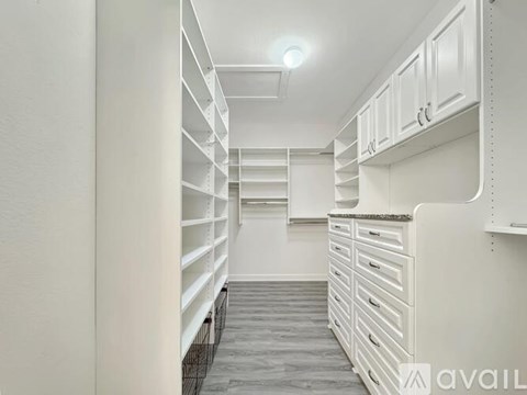 A white walk-in closet with shelves and drawers.