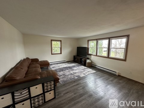A living room with a brown sofa and a television.