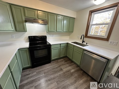 A kitchen with green cabinets and a black oven.