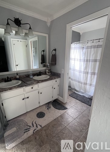 A bathroom with two sinks and a shower curtain.