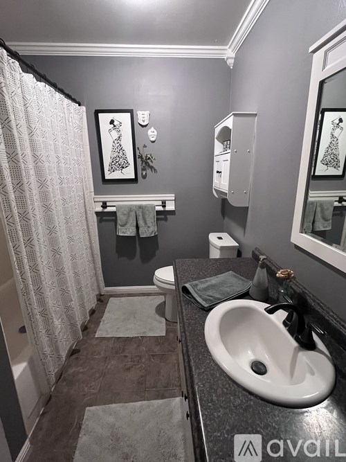 A bathroom with a toilet, sink, and shower curtain.