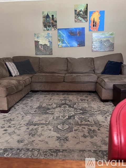 A living room with a grey couch and a rug with a pattern on it.