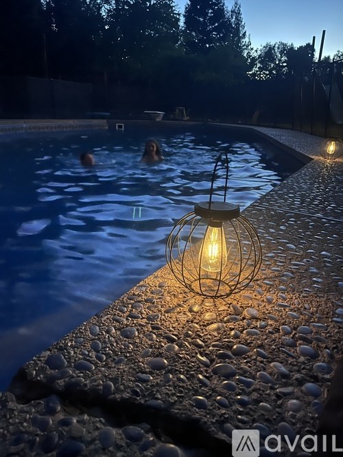A lantern with a lit candle inside is placed on the edge of a pool.