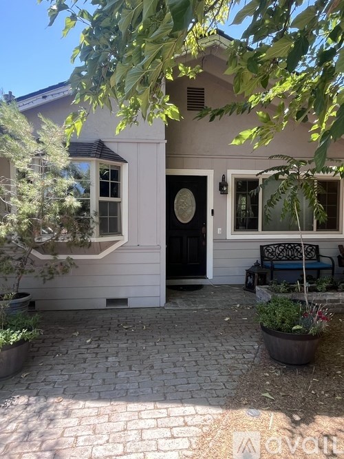 A white house with a black door and windows surrounded by plants.