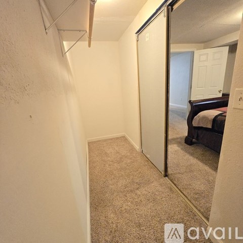 A bedroom with a bed, closet, and carpeted floor.