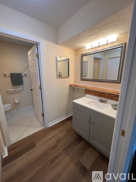 A bathroom with a white sink and a mirror above it.