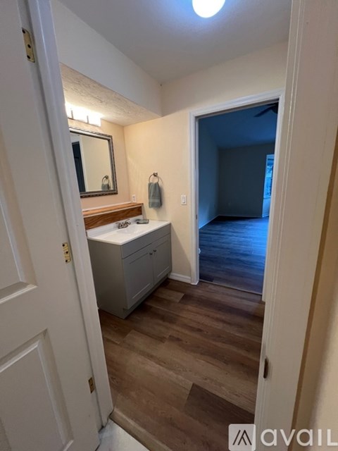 A bathroom with a sink, mirror, and wooden floors.