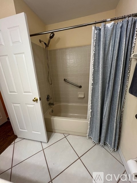 A bathroom with a white door and a shower with a grey curtain.