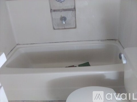 A white bathtub is in a bathroom with a toilet next to it.