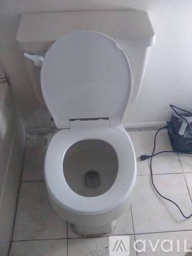 A toilet with the seat up and a cord on the floor.
