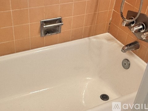 A white bathtub with a silver faucet and a silver drain cover.