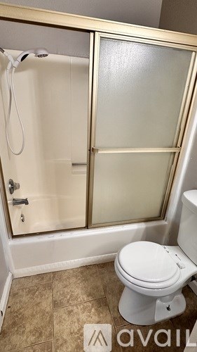 A white toilet sits in a bathroom with a walk-in shower.