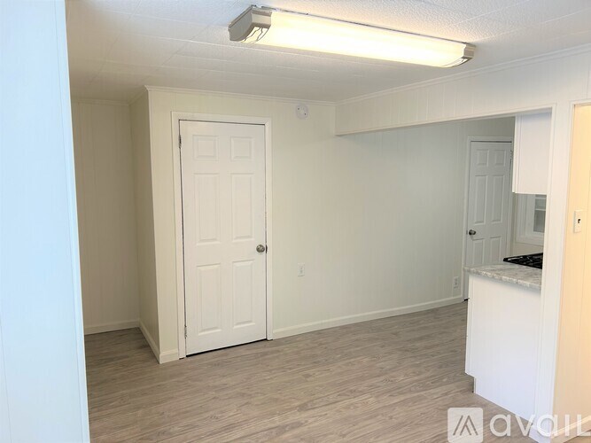 A white door is in a room with a light on the ceiling.