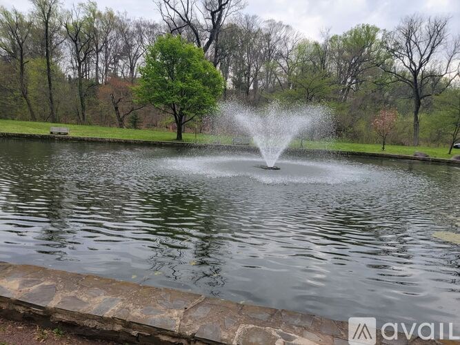 A fountain in the middle of a pond in a park.