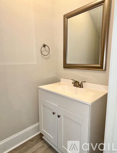 A bathroom with a white sink and a mirror above it.