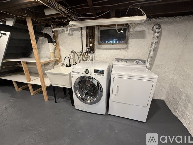 A washing machine and dryer are sitting in a basement.