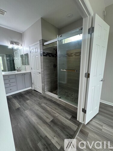 A bathroom with a walk-in shower and a vanity with a mirror.