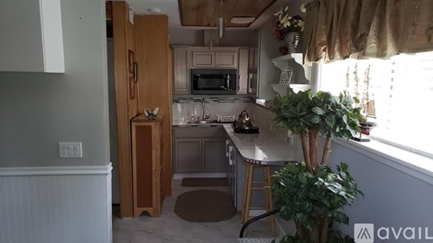 A kitchen with a brown door and a white counter.