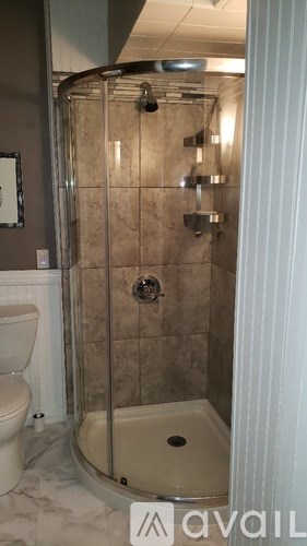 A shower stall with a glass door and a white toilet in the corner.