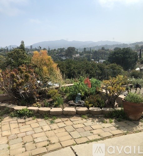 A garden with a stone pathway and a view of the mountains in the distance.