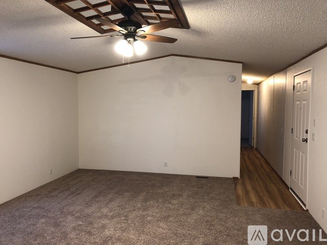 A room with a ceiling fan and carpeted floor.