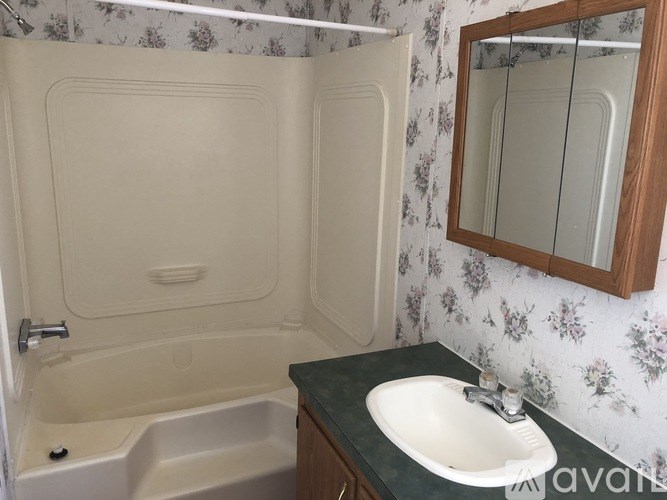 A white sink is on a green countertop in a bathroom with floral wallpaper.